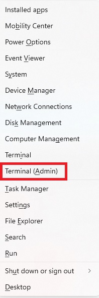 Selecting "Terminal (Admin)" from WinX menu.