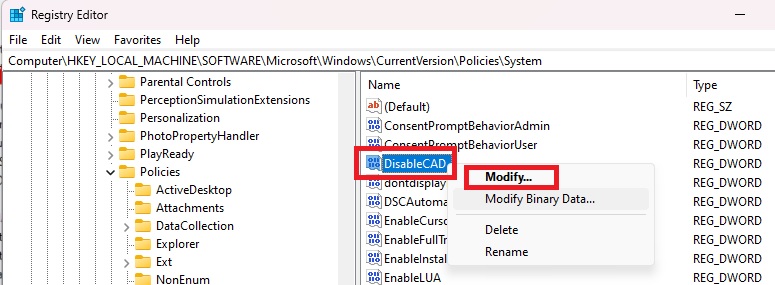 Selecting "Modify" from context menu in Registry Editor.
