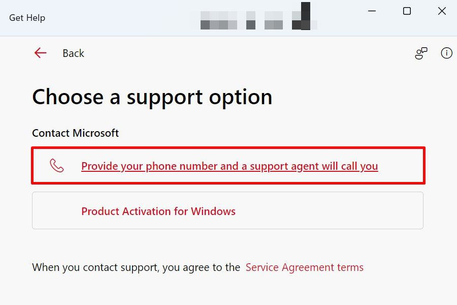 Choosing the option to talk to an agent for Microsoft Support assistance.