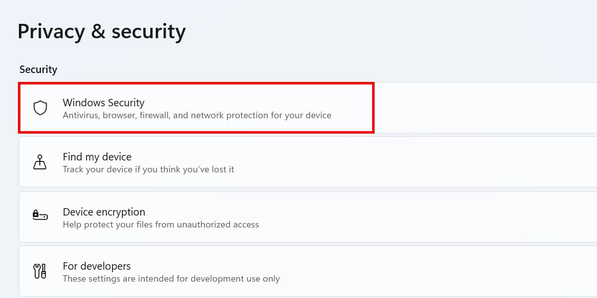 Selecting "Windows Security" under "Privacy & security" in Windows Settings. 