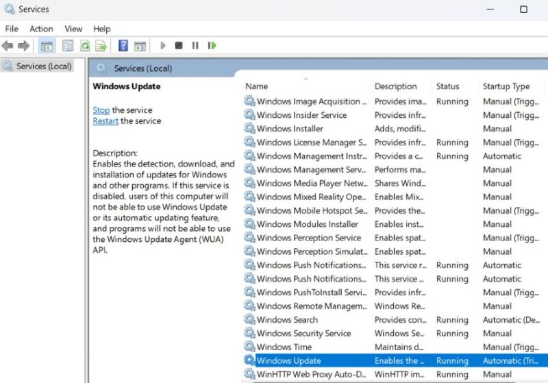 Double clicking Windows Update in Services app.