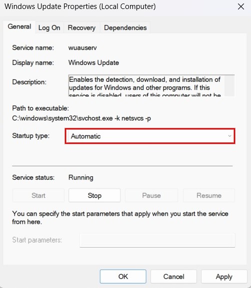 Changing "Startup type" in Properties window for service in Windows.