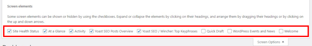 Wordpress Admin Dashboard Screen Options
