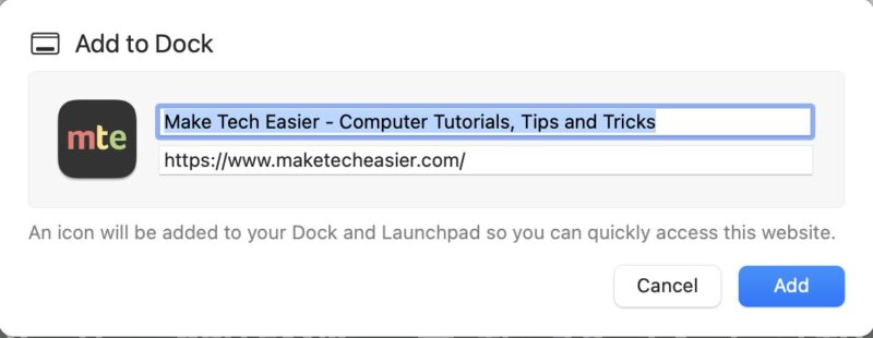 Add To Dock Button For Creating A Web App