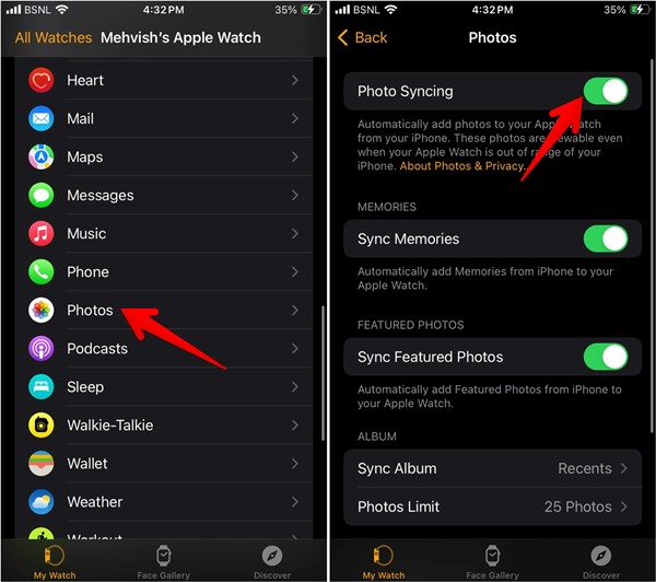 Photo Synching with Apple Watch in Settings on iPhone