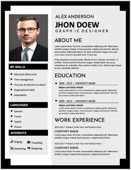 Black Gray Student Resume template for Word