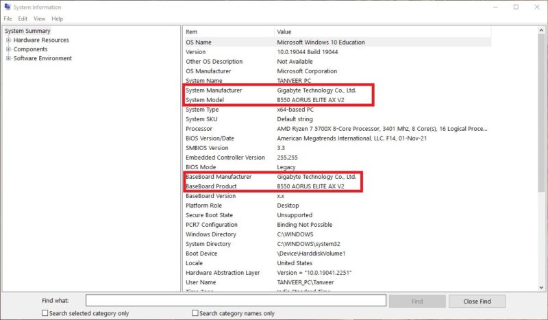 Viewing motherboard details in System Information. 