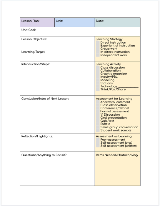 Checklist Lesson Plan template for Google Docs