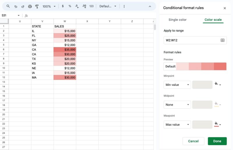 Conditional format rule for a color scale