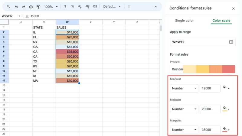 Conditional format rule for a color scale with number formats