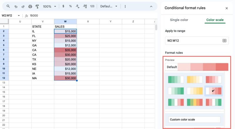 Conditional format rule for a color scale with the preview