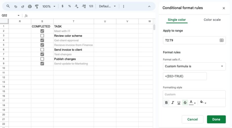 Conditional format rule for a custom formula