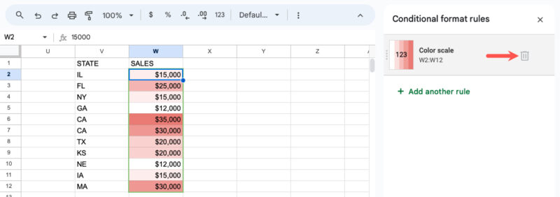 Delete button for a conditional format rule in Google Sheets
