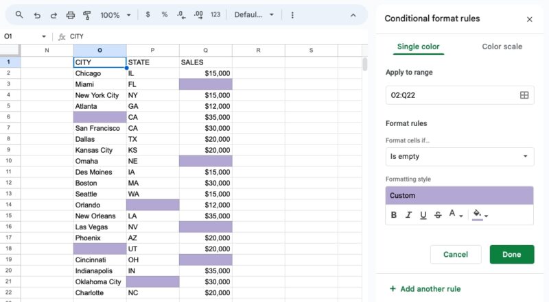 Conditional format rule for empty cells