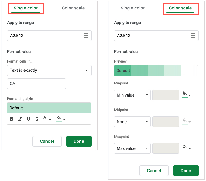 Conditional Format Rules sidebar in Google Sheets