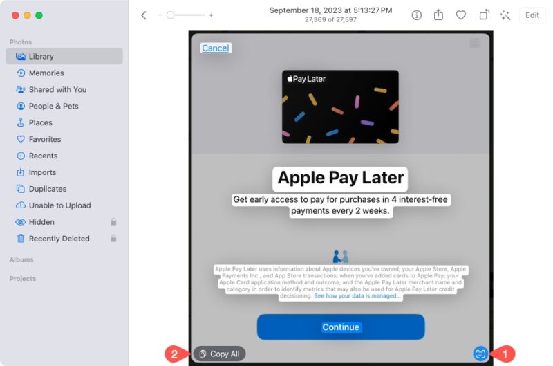 Copy All using Live Text in Photos on Mac