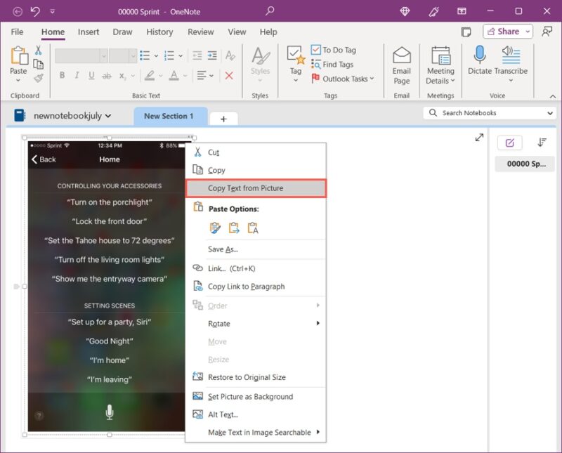Copy Text From Picture in OneNote on Windows