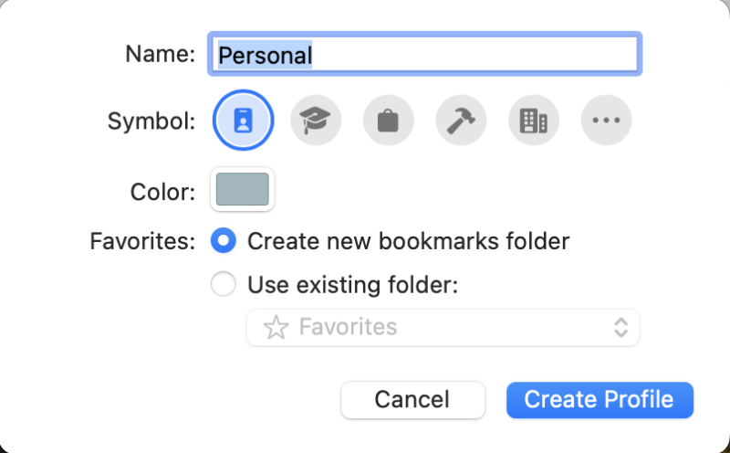 This is the Create a Safari Profile window that shows customization options for name, symbol, color, and Favorites.