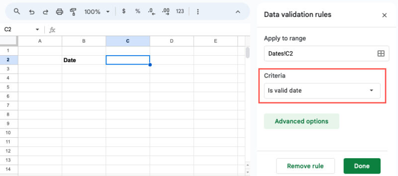 Data Validation Rules sidebar Criteria for Is Valid Date