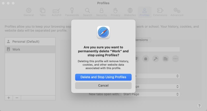 This is the Delete and Stop Using Profiles window that pops up when you delete a profile.