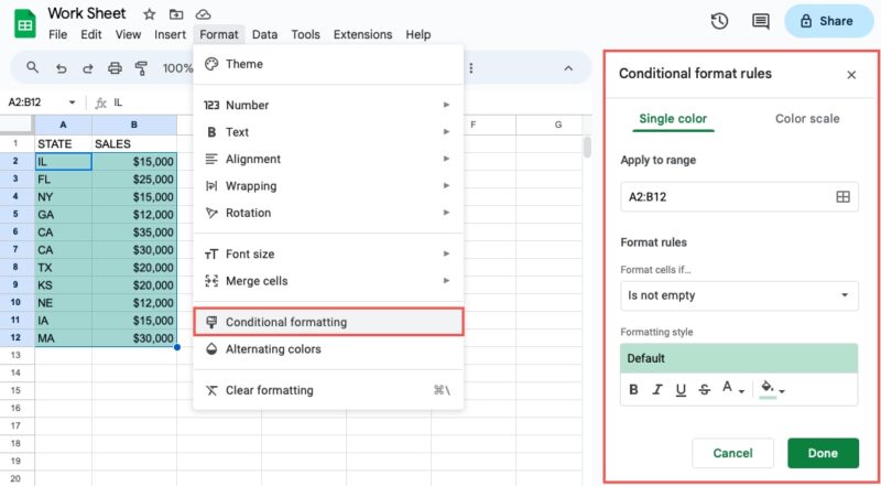 Conditional Formatting in the Google Sheets Format menu