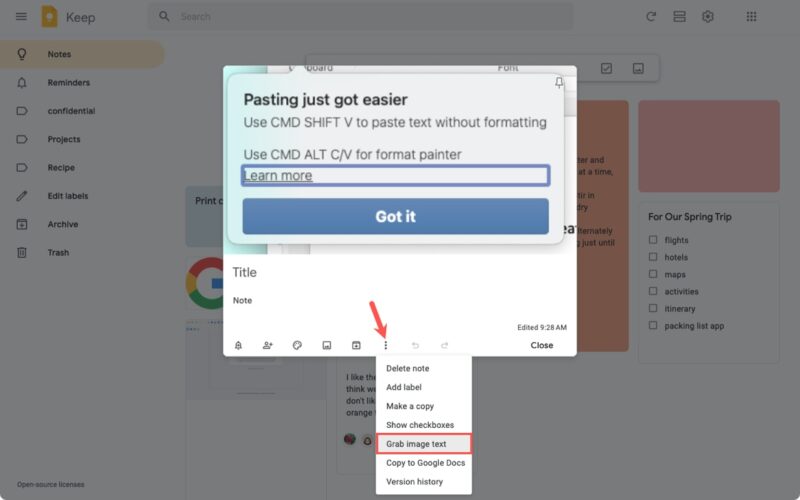 Grab Image Text in Google Keep