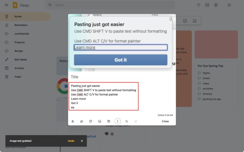Image text in a Google Keep note