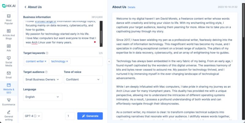 Hix.ai About Us Page Generation