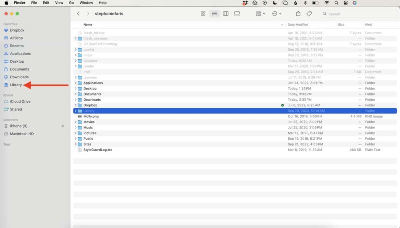 Drag Library folder to the left in Finder