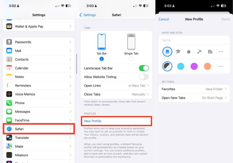 The image shows the step by step process of creating a Safari Profile on an iPhone