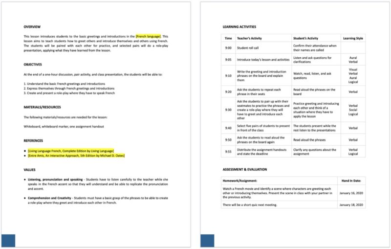 Language Lesson Plan template for Google Docs