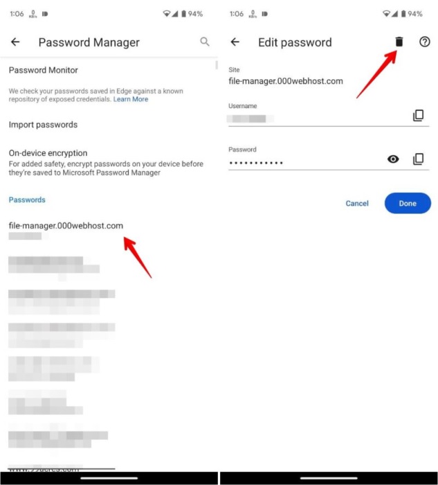 Deleting password from Microsoft Edge app for Android.