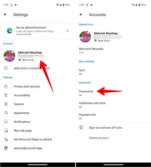 Selecting "Passwords" for user in Edge Settings in mobile app. 