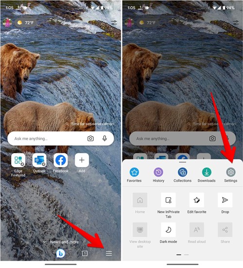 Tapping the "Settings" option in Microsoft mobile app. 