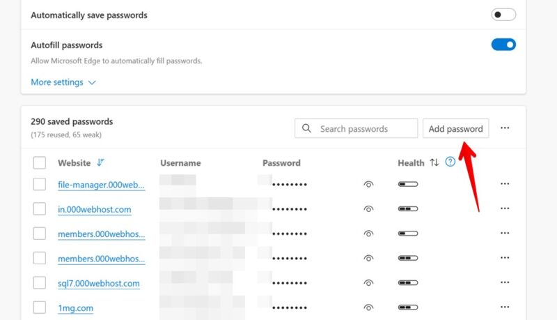 Pressing on "Add password" button in Edge for PC.