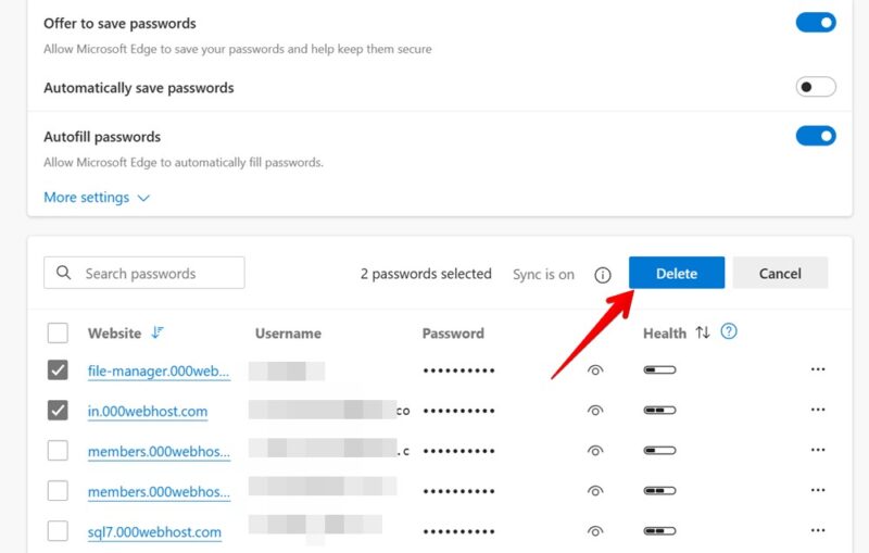 Deleting multiple passwords in Edge browser for PC.