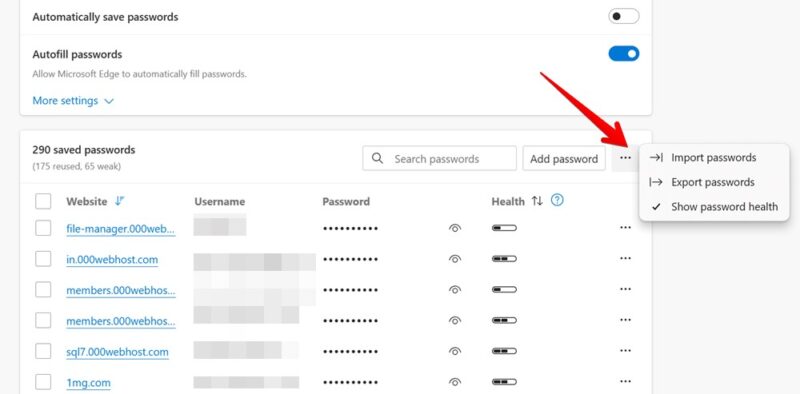 Importing or exporting passwords in Edge browser on PC.