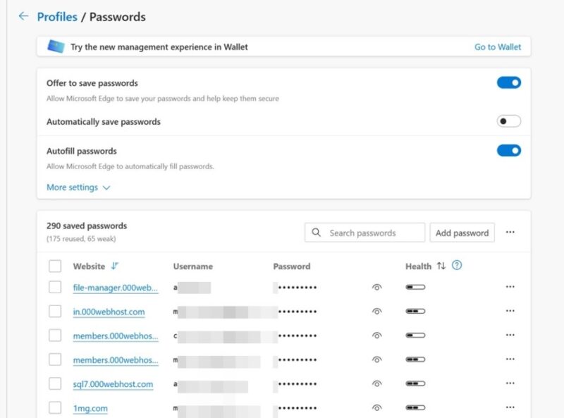 Saved passwords view in Microsoft Edge. 