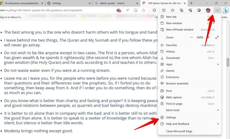 Clicking "Settings" from the menu in Microsoft Edge. 