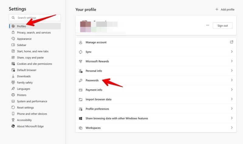 Clicking "Passwords" under "Your profile" in Edge Settings.