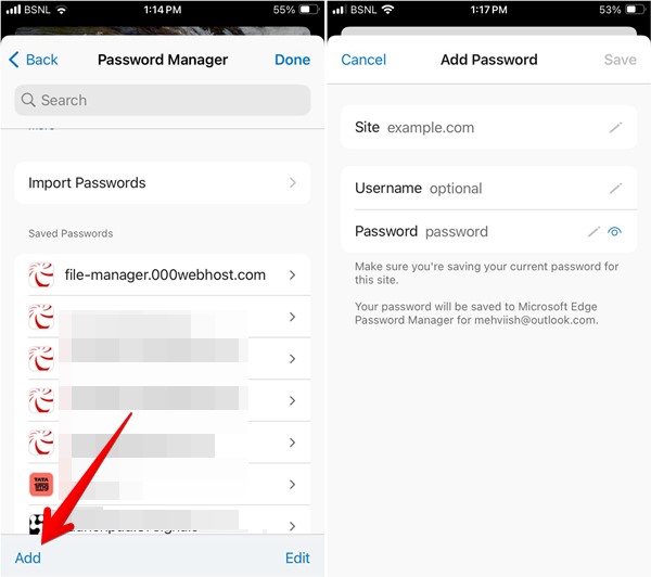 Adding a new password in Edge app for iOS.