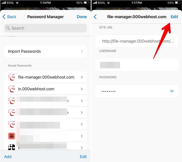 Changing a saved password in Edge app for iOS.