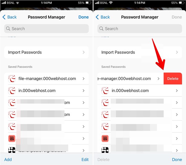 Deleting password in Edge app for iOS.