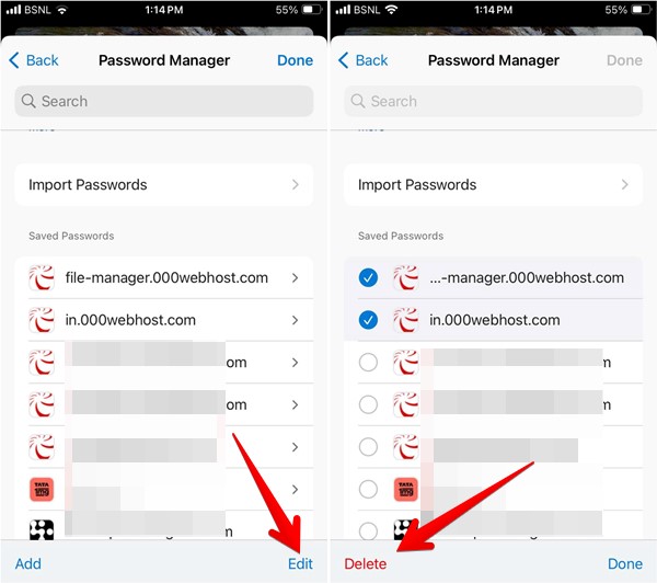 Deleting passwords in bulk on Edge app for iOS.