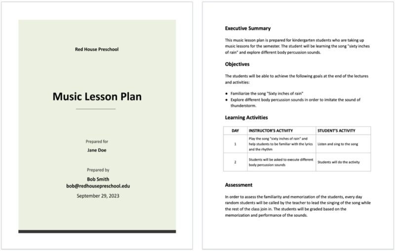 Music Lesson Plan template for Google Docs
