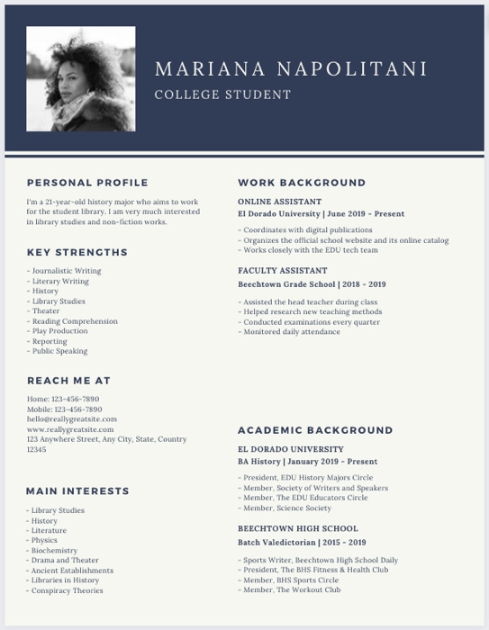 Navy Blue Line College Student Resume template for Canva