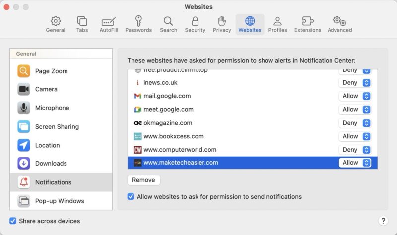Notification Settings On Websites In Safari