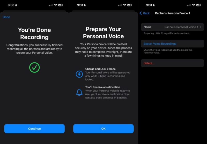 Notifications After Completing Personal Voice Recording