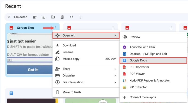 Google Drive image Open With Google Docs option