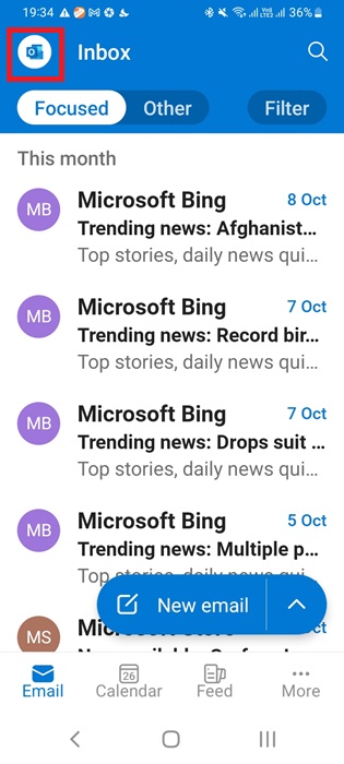 Click the Outlook icon on Outlook mobile app for Android.